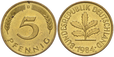 ФРГ 5 пфеннигов 1984 D KM 107, J.382 сталь плакированная латунью 4115-1228