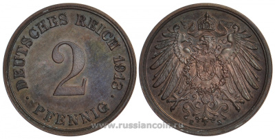 Германия 2 пфеннига 1913 E KM 16, J. 11, Weege 4 медь PROOF 00-805-51