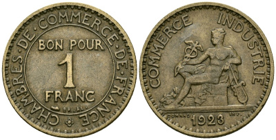 Франция 1 франк 1923 KM 876 алюминиевая бронза 4171-1153