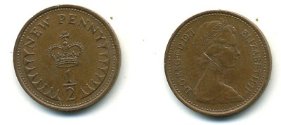 Великобритания 1/2 пенни 1971 Елизавета II (1952-2022) КМ 914, Spink 4239 бронза 4110-1622
