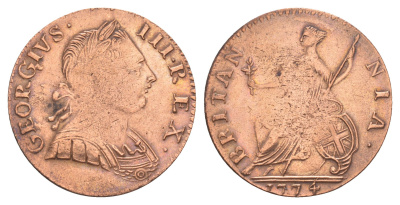 Великобритания 1/2 пенни 1774 Георг III (1760-1820) KM 601, Spink 3774 медь 3711-831