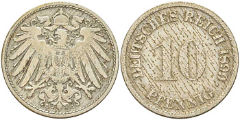 ГЕРМАНИЯ 10 ПФЕННИГОВ 1899 G KM 12, J. 13, Weege 8 медно-никель 261-1341