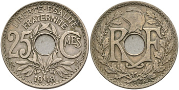 Франция 25 сантимов 1918 KM 867a, Le Franc 171.7 медно-никель 4142-1247