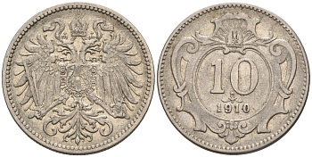 Австрия 10 геллеров 1910 Франц Иосиф I (1848-1916) KM 2802 никель 4585-137