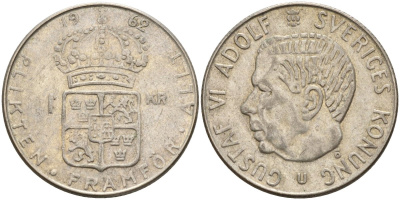 Швеция 1 крона 1962 U, Густав VI Адольф (1950-1973) KM 826 серебро 4150-125