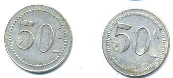 ФРАНЦИЯ 50 САНТИМОВ НАЧАЛО XX ВЕКА d 24 мм, вес около 1,0 гр., платежный жетон алюминий 89-932