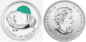 КАНАДА 25 ЦЕНТОВ 2011 СЕРИЯ ЖИВОТНЫЕ КАНАДЫ - БИЗОН, ЦВЕТНАЯ ЭМАЛЬ KM NEW никелированная сталь UNC M47-16