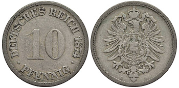 ГЕРМАНИЯ 10 ПФЕННИГОВ 1874 G, СТАРОГЕРБОВКА KM 4, Jager 4, Weege 7 медно-никель 4546-1117