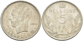 Бельгия 5 франков 1936 Леопольд III (1934-1951), Belgique KM 118 никель 3851-443