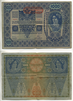 АВСТРИЯ 1000 КРОН 1919 КРАСНАЯ ГОРИЗОНТАЛЬНАЯ НАДПЕЧАТКА НА 1902 Pick 60 бумага 6299-41-3