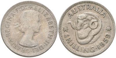 Австралия 1 шиллинг 1959 M, Елизавета II (1952-2022), овца меринос KM 59 серебро 4622-221