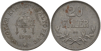 Венгрия 20 филлеров 1920 КВ, Карл I (1916-1918), редкий год KM 498 железо 4151-1035