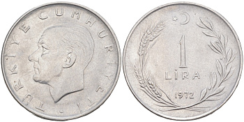 Турция 1 лира 1972 Мустафа Кемаль Ататюрк KM 889а.2 нержавеющая сталь 3855-1215