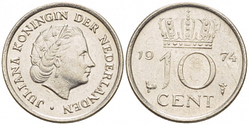 НИДЕРЛАНДЫ 10 ЦЕНТОВ 1974 ЮЛИАНА KM 182 никель 4547-846