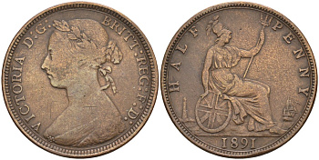 Великобритания 1/2 пенни 1891 Виктория (1837-1901) KM 754, Spink 3956 бронза 4584-317