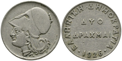 Греция 2 драхмы 1926 Афина в шлеме KM 70 медно-никель 4531-344