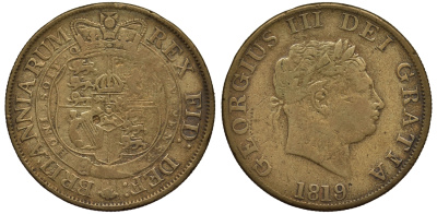 Великобритания 1/2 кроны  1819 Георг III (1760-1820) подделка в ущерб обращения Spink 3789 латунь    1524-535