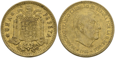Испания 1 песета 1966 (72) Франсиско Франко (1939-1975) KM 796 алюминиевая бронза 4604-135