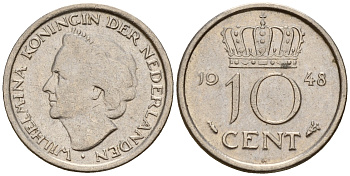 Нидерланды 10 центов 1948 Вильгельмина I (1890-1948) KM 177 никель    4189-162