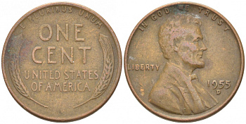 США 1 ЦЕНТ 1955 D, ЛИНКОЛЬН KM А132 медь цинк 218-259