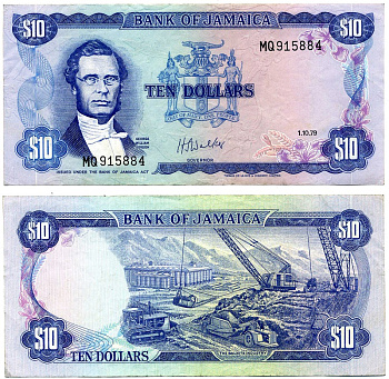 Ямайка 10 долларов 1979 1 октября 1979, Георг ВИЛЬЯМ ГОРДОН Pick 67а бумага 6299-25-3-2