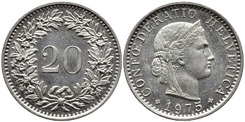 Швейцария 20 раппенов 1975 KM 29а медно-никель 4391-1054
