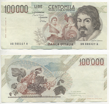 Италия 100000 лир 1983 Караваджо, фруктовый букет, подпись Speziali Pick 110b бумага 7220-32-2