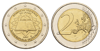 Германия 2 евро 2007 G, 50 лет подписанию Римского договора KM 259 биметалл UNC 1096-1-24