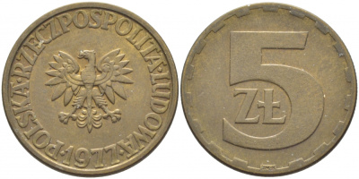 Польша 5 злотых 1977 монетный двор Ленинград (ЛМД) KM 81.1, Parchimowicz 221c латунь 3856-527