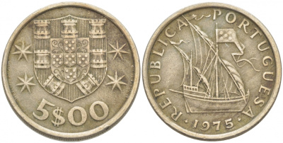 ПОРТУГАЛИЯ 5 ЭСКУДО 1975 KM 591 медно-никель 3718-457