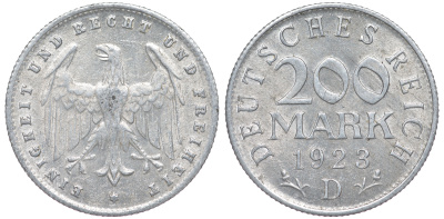 Германия 200 марок 1923 D KM 35, J. 304, Weege 22 алюминий 4604-612