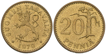 Финляндия 20 пенни 1970 S, один из самый редких годов выпуска - 230.000 KM 47 алюминиевая бронза aUNC 4579-1233