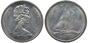 Канада 10 центов 1977 Елизавета II (1952-2022), парусник KM 77.1 никель 4124-518