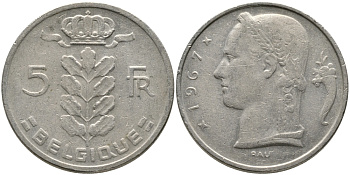 БЕЛЬГИЯ 5 ФРАНКОВ 1967 BELGIQUE KM 134.1 медно-никель 65-1145