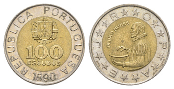 Португалия 100 эскудо 1990 Педру Нуниш (1502-1578), математик KM 645 биметалл 4633-751