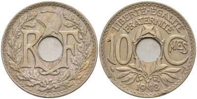 Франция 10 сантимов 1918 тип Линдайё KM 866a, Le Franc 138.3 медно-никель 4116-445