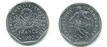 ФРАНЦИЯ 2 ФРАНКА 1980 СЕЯТЕЛЬ KM 942.1, LE FRANC 272.4 никель 57-455