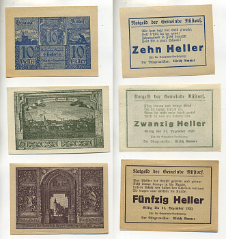 Австрия, Рюсторф набор из 3 банкнот 1920 нотгельды 10, 20, 50 геллеров бумага XF 7218-67-1