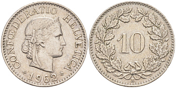 Швейцария 10 раппенов 1962 В KM 27 медно-никель 4541-651