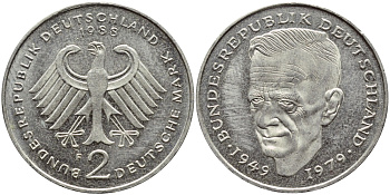 ФРГ 2 МАРКИ 1988 F, КУРТ ШУМАХЕР КМ 149 J.424 медно-никель плакированный никелем 79-1512