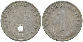 ГЕРМАНИЯ 1 РЕЙХСПФЕННИГ 1941 B KM 97, J. 369 цинк 4387-944