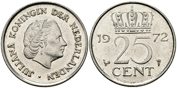 Нидерланды 25 центов 1972 Юлиана (1948-1980) KM 183 никель 96-227