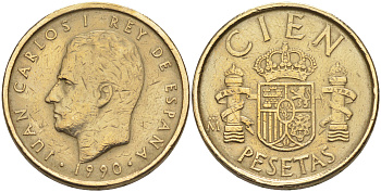 ИСПАНИЯ 100 ПЕСЕТ 1990 ХУАН КАРЛОС I (1975-) KM 826 алюминиевая бронза 106-342