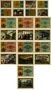 ПЁСНЕК, ГЕРМАНИЯ НАБОР ИЗ 9 БАНКНОТ 1921 НОТГЕЛЬД, ЗЕМЛЯ ТЮРИНГИЯ, СЕРИЯ ИНДУСТРИЯ ARNOLD KELLER 1066.6 бумага 7487-55-2