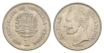 Венесуэла 1 боливар 1989 Симон Боливар, тонкий шрифт Y 52a.1 сталь плакированная никелем 4589-1154