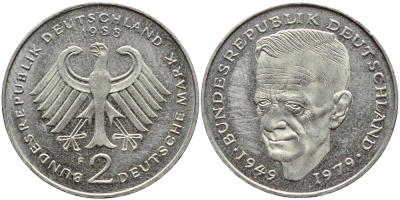 ФРГ 2 марки 1988 F, Курт Шумахер КМ 149 J.424 медно-никель плакированный никелем 4683-1012