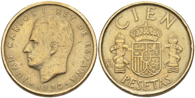 ИСПАНИЯ 100 ПЕСЕТ 1990 ХУАН КАРЛОС I (1975-) KM 826 алюминиевая бронза 106-342