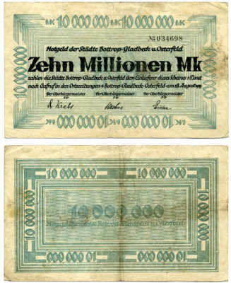 БОТТРОП-ГЛАДБЕК-ОСТЕРФЕЛЬД 10000000 марок (10 миллионов) 1923 28 августа 1923, нотгельд, земля СЕВРНЫЙ РЕЙН-весТФАЛИЯ Keller 544f бумага 2193-32-3-2