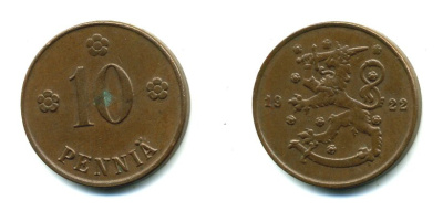 Финляндия 10 пенни 1922 республика (1918-1962) KM 24 медь 46-657