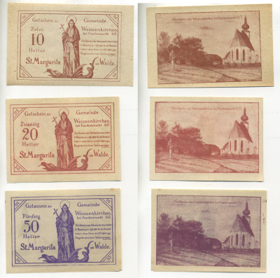 АВСТРИЯ НАБОР ИЗ 3 БАНКНОТ 1920 7 ИЮНЯ 1920-31 ДЕКАБРЯ 1920, НОТГЕЛЬД, 10, 20, 60 ГЕЛЛЕРОВ, VALDKIRCHEN a. W. бумага aUNC 6280-33-2-1